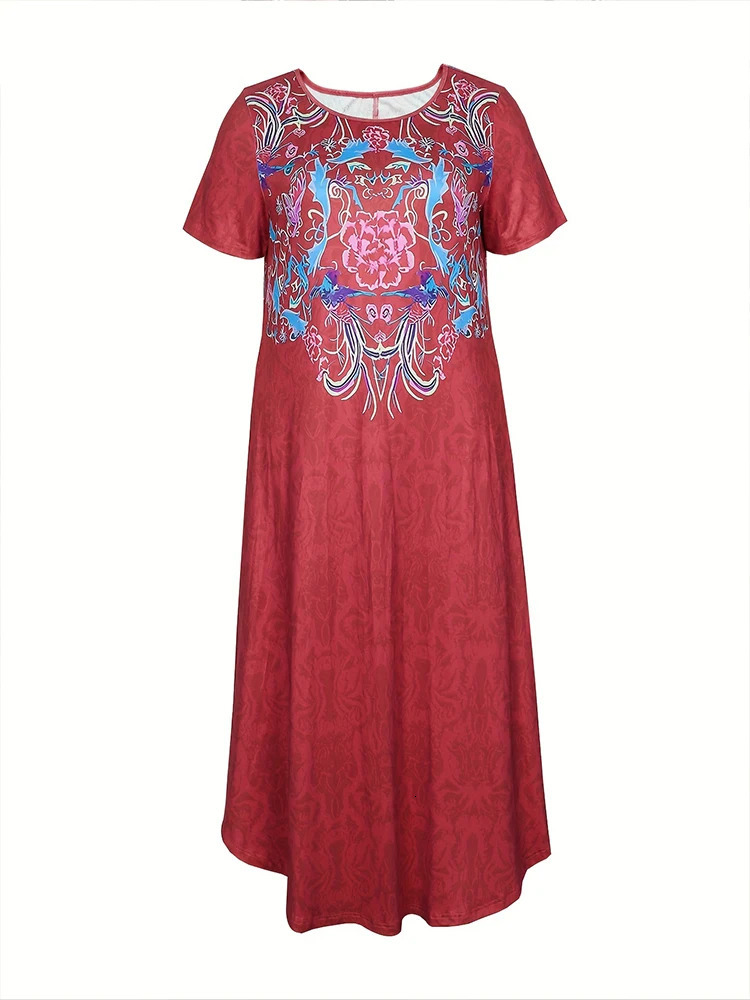 Plus size 2024 summer womens printed pattern round neck short sleeved dress loose casual long skirt 250506