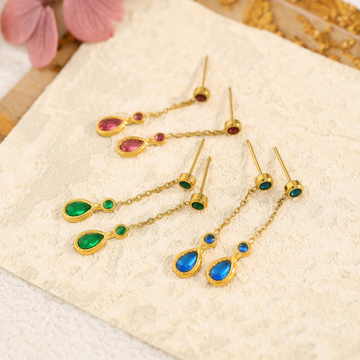Light Luxury Titanium Steel Water Drop Earrings with Zircon Pendant, Long Dangle Earrings for Women, Simple and Elegant Style
