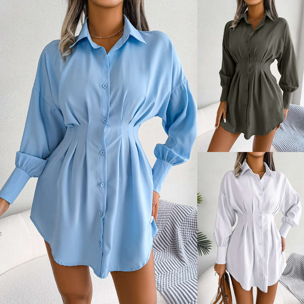 Ins style real-life photos of spring and summer lantern sleeves, waist cinched asymmetrical dress, shirt skirt, women's clothing, 2025 new casual