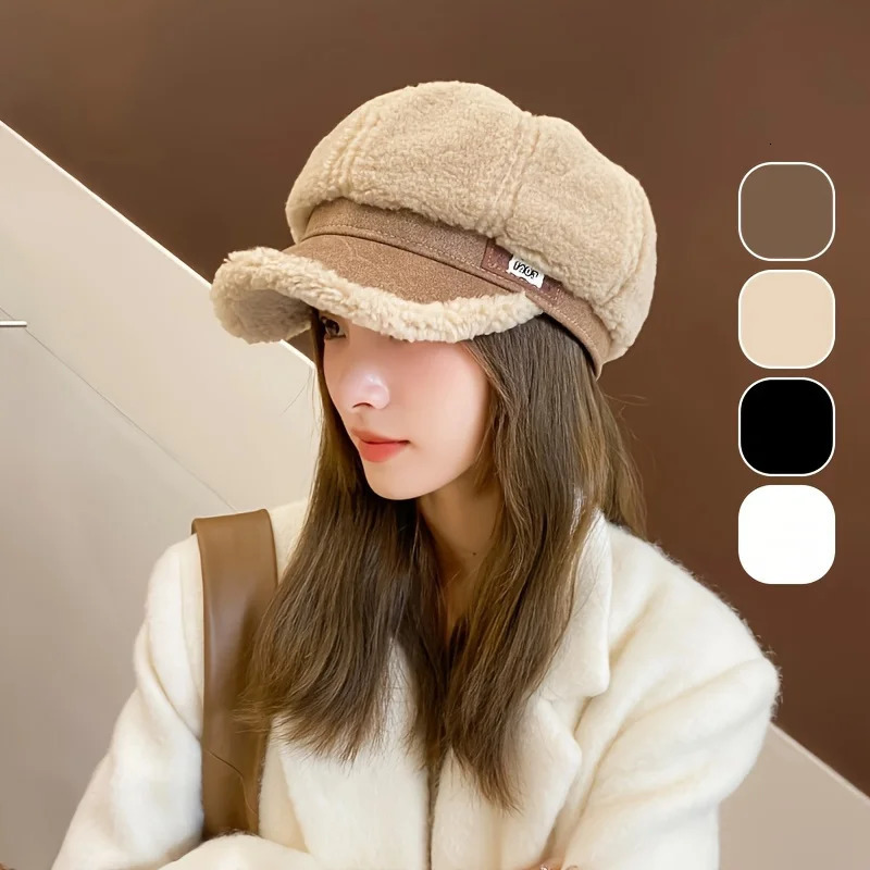 Lamb Hair Octagonal Hat for Womens Korean Fashion Duck Tongue Hat with Plush Bud Hat Fashionable British Retro Artist Hat 250514