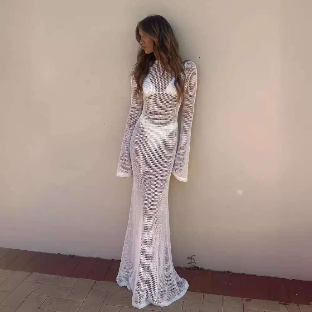 White Dress Maxi Dress Women's New Summer Knitted Sleeve Open Back Sexy Perspective Floor Sweeping Long Dress KQ