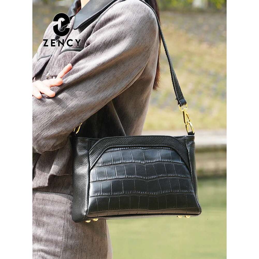 Zency Women's Cowhide Leather Shoulder Large Capacity Handbag With Stone Rose Flower Alligator Pattern Vintage Crossbody Bag
