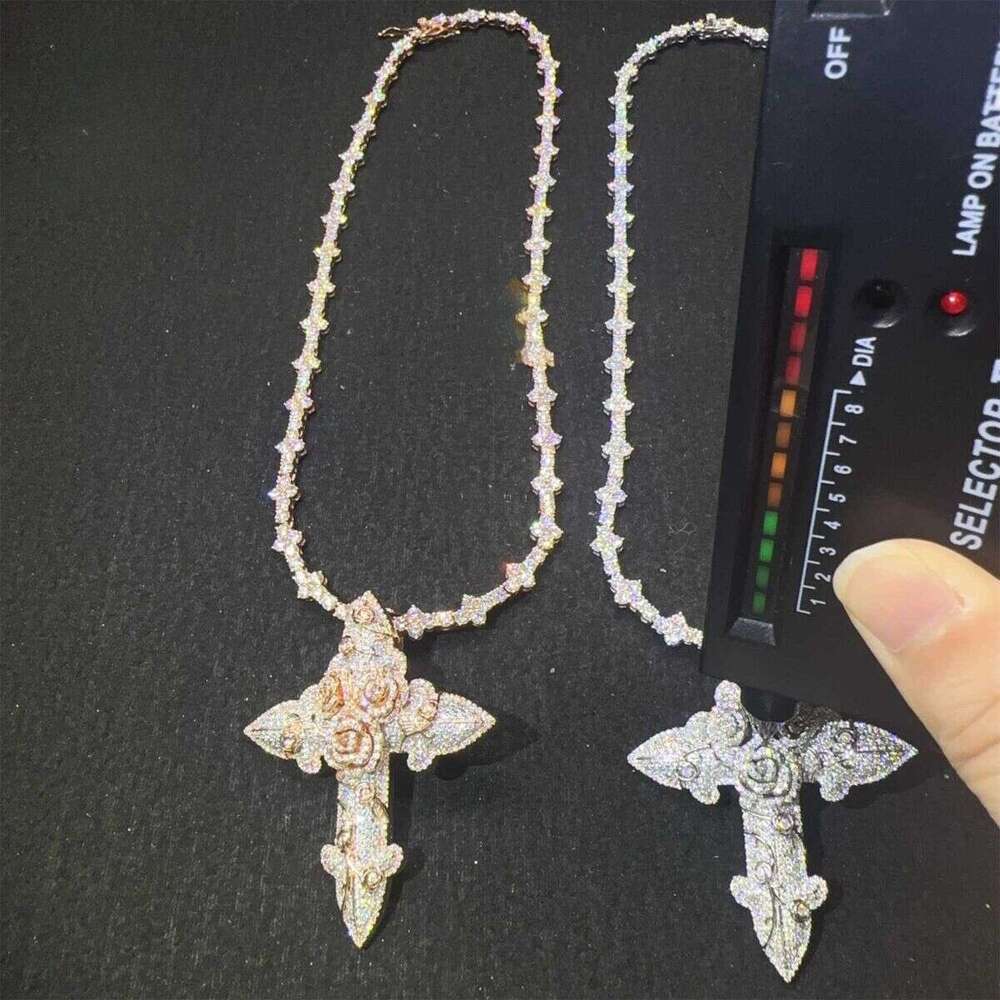 In Stock Fashion Man Jewelry Gold Color Hip Hop S VVS1 Moissanite Dia Rose Flower Cross Pendant Necklace Set