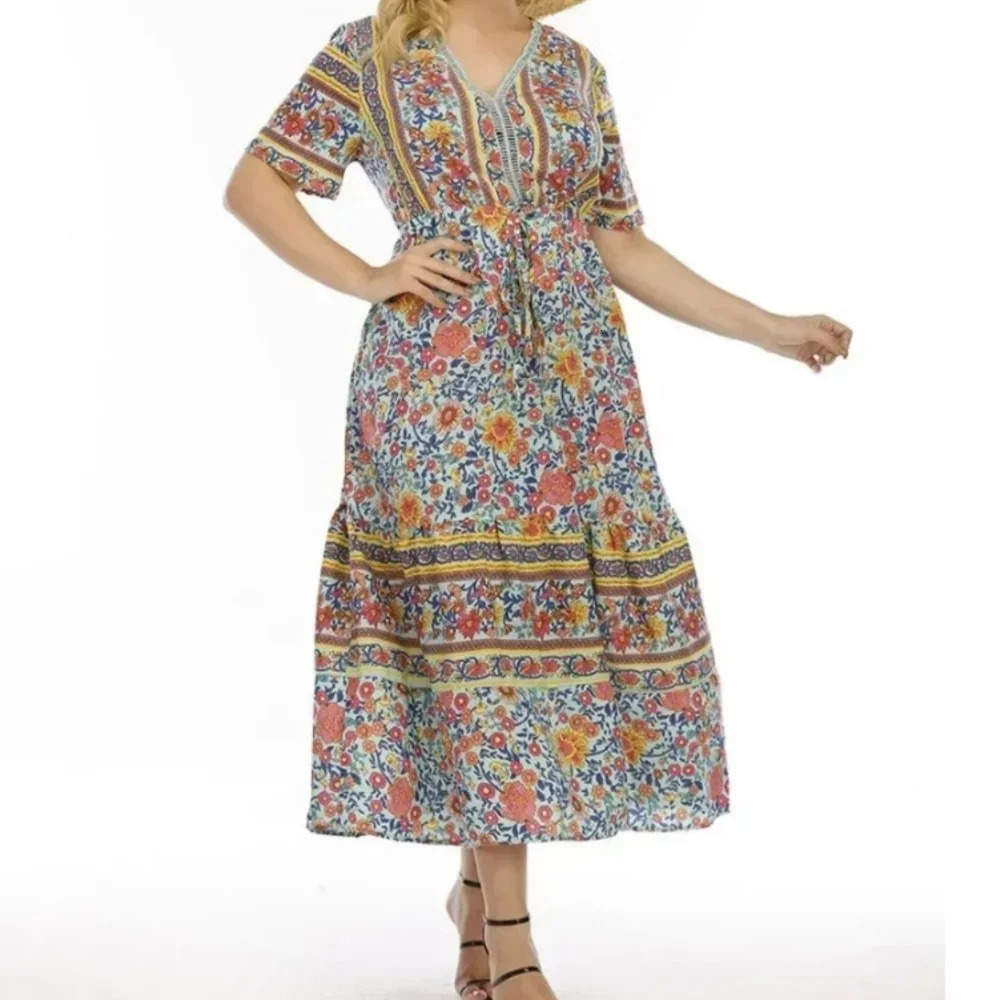 Womens L4XL Plus Size selling oversized retro floral dress with bohemian lace Vneck long skirt plus size womens clothing 250506
