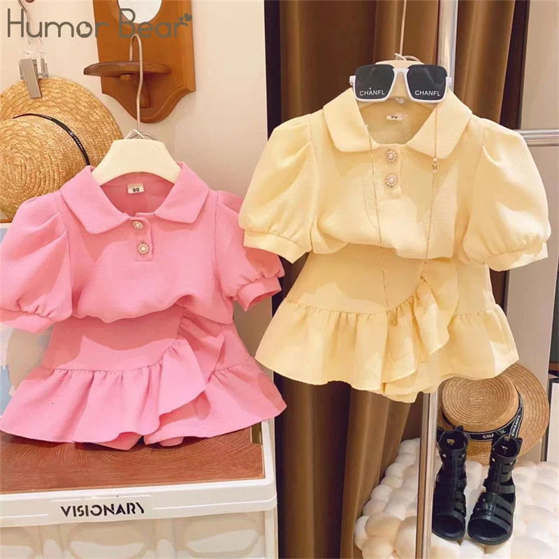 Humor Bear Summer Puff Sleeved Short Sleeved ShirtShort Skirt 2Pcs Kid Clothes Children Girl Suit For 2-6 Years 250515
