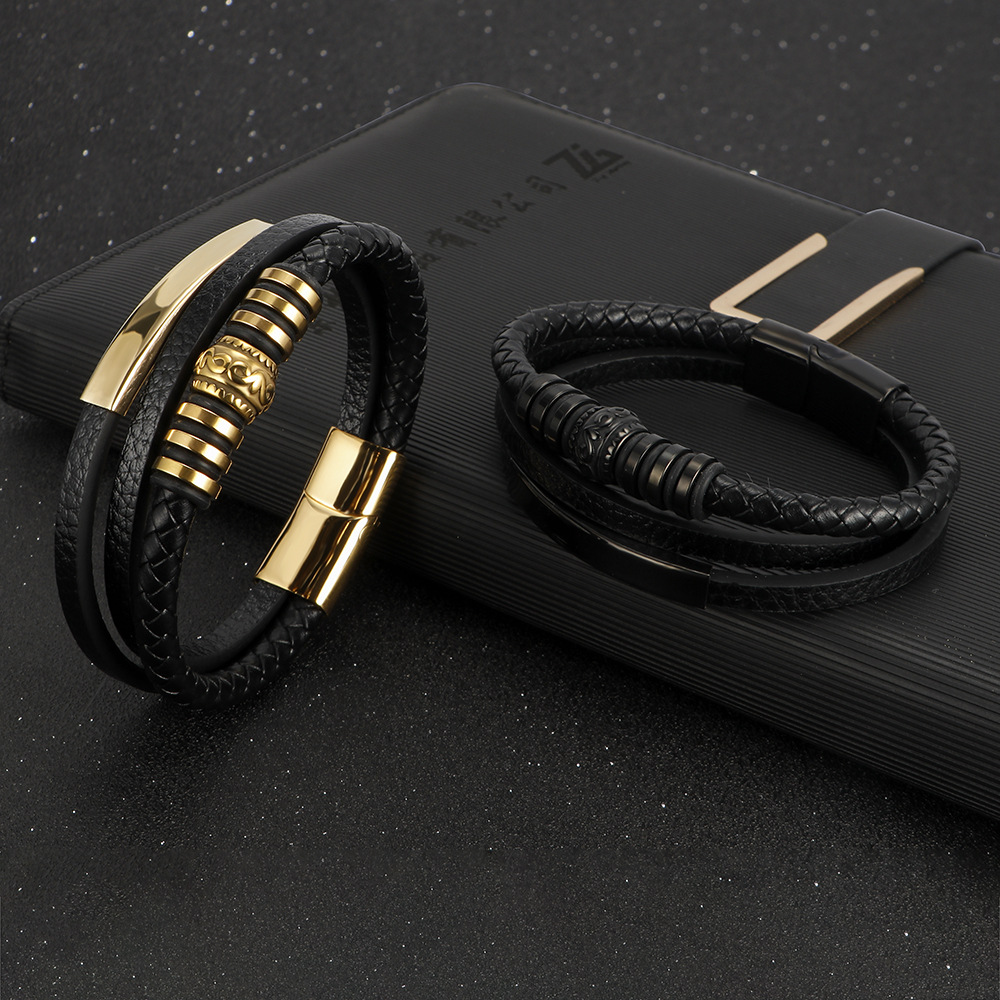Men's Stainless Steel Vintage Leather Braided Bracelet with Magnetic Clasp, Multi-layered Design for Stylish Accessories - Wholesale