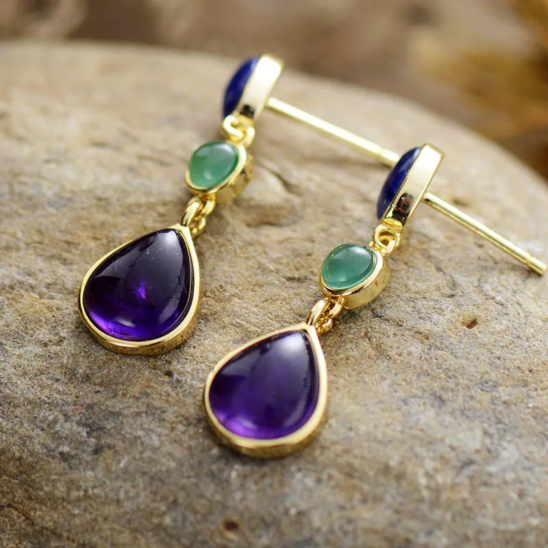 Classy Women Gold Plated Amethysts Lapis Stones Dangling Stud Earrings Party Bold Art Dec Jewelry Bijoux Wholesale 250515