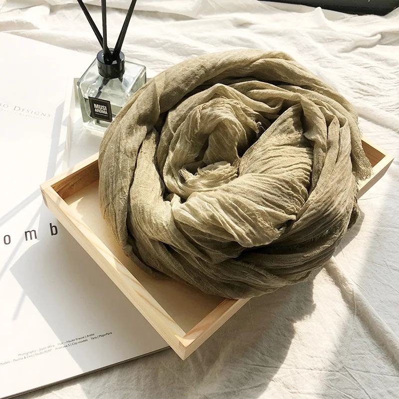 Vintage Crinkle Cotton Linen Scarf for Men Women Solid Color Autumn Winter Warm Pashmina Fringed Edge Soft Shawls and Wraps 250514
