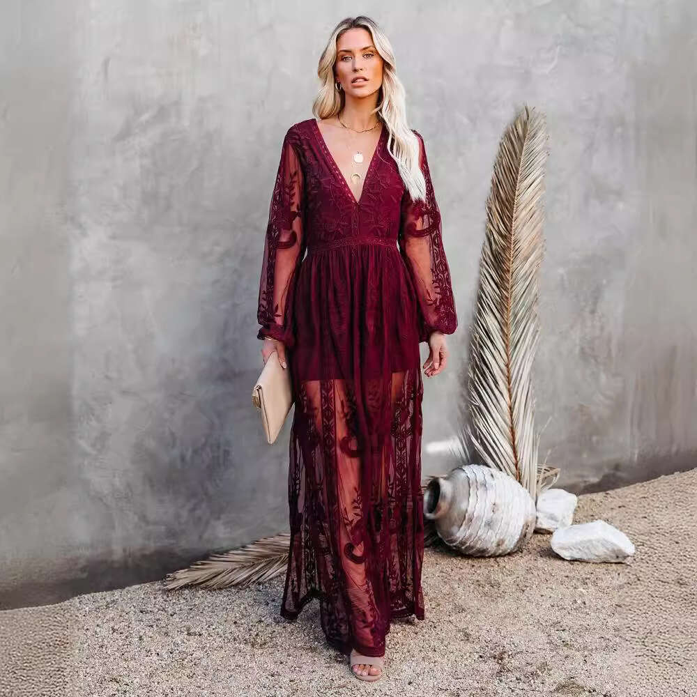 2021 Spring/Summer New Women's Lace Long Sleeve V-Neck Solid Chiffon Summer Dress