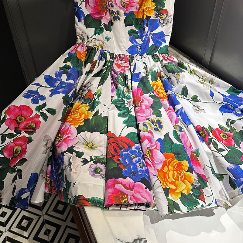 Summer Women's Flower Print Cotton Mini Dresses Designer Fashion Square Neckline Adjustable Straps Waist Up Pleated Vestdios Trendy High-Quality 