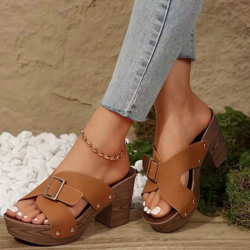 of Women British Style Rome Shoe Comfy Soft High Heels Summer Sandalias Metal Buckle Casual Slipper Wedge Platform Sandal
