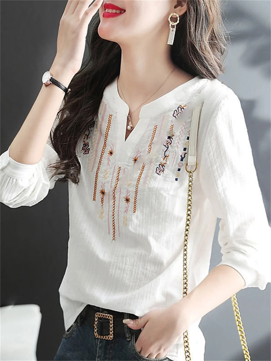 Womens Spring Autumn White Blouses Tops Lady Casual y VNeck Long Sleeve Vintage Loose Top DF4272 250515