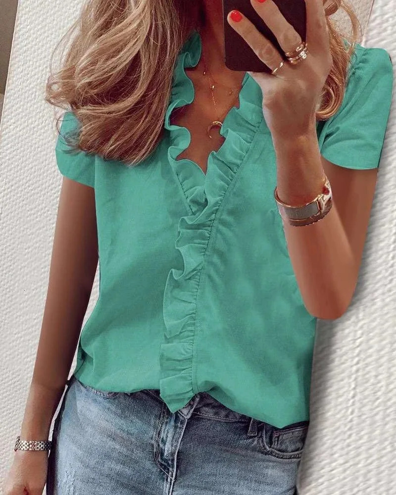 Plus size summer shirt fashion casual short sleeved V-neck shirt womens commuting solid color printed loose shirt top 250514