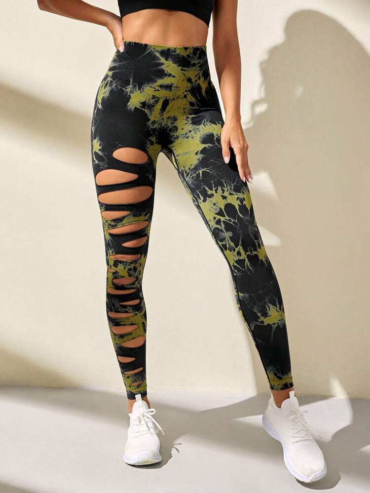 Hollow tie-dyed yoga pants high waist hip lift fitness pants running pants yoga clothes women's belly control trousers