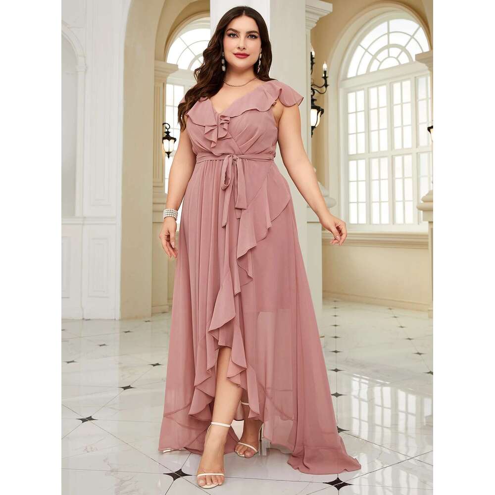 Unithorse Plus Size Women Summer Asymmetric Ruffle Lace With Waist Belt Elegant Chiffon Formal Bridesmaid Dress