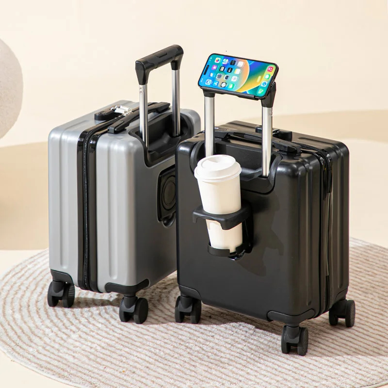 14 inch small luggage with combination lock cell phone holder cup holder short trip trolley case mute pulleys portable suitcase 250514