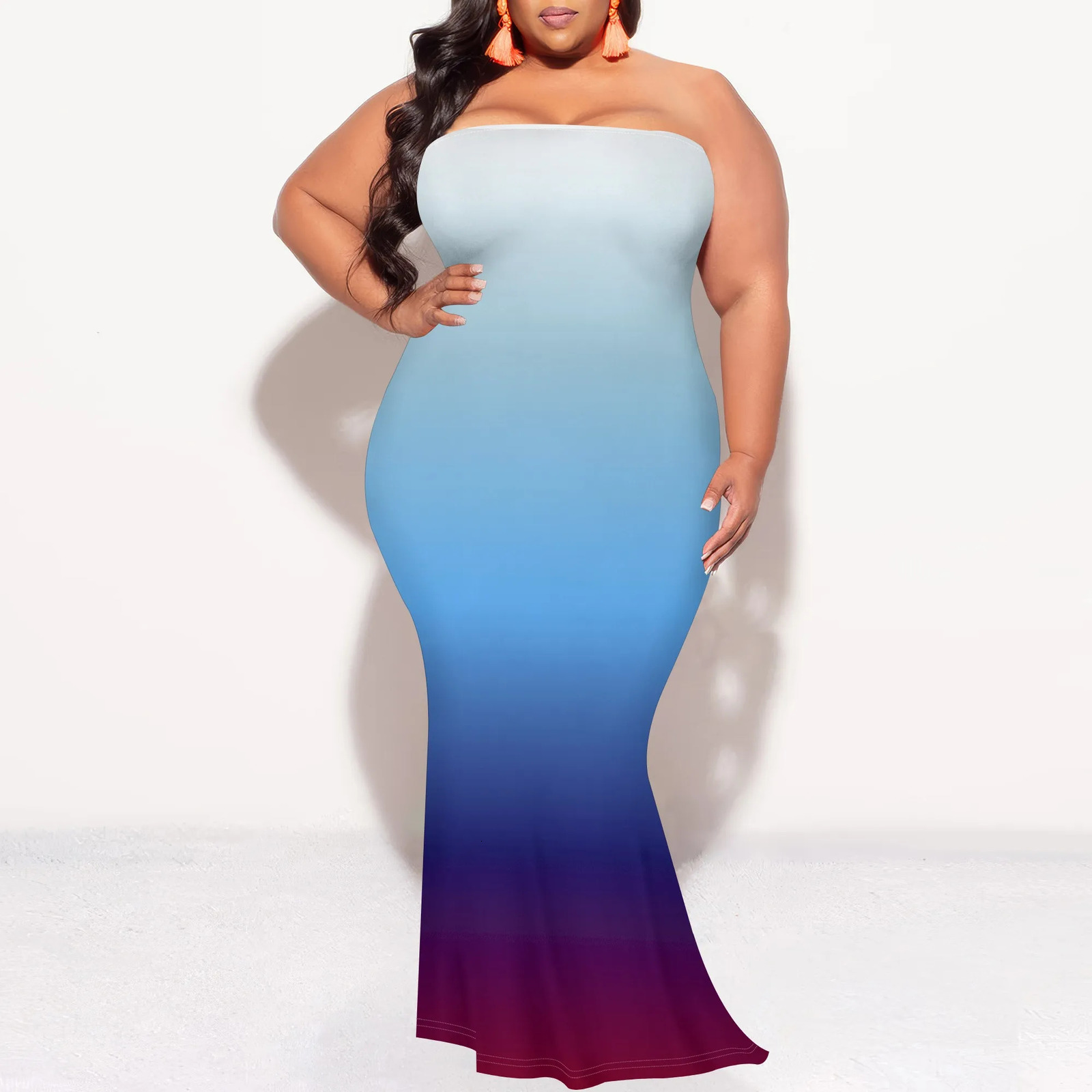 Plus Size Blue Gradient Strapless Maxi Dress for Women Elegant Slim Fit Summer Party 250515