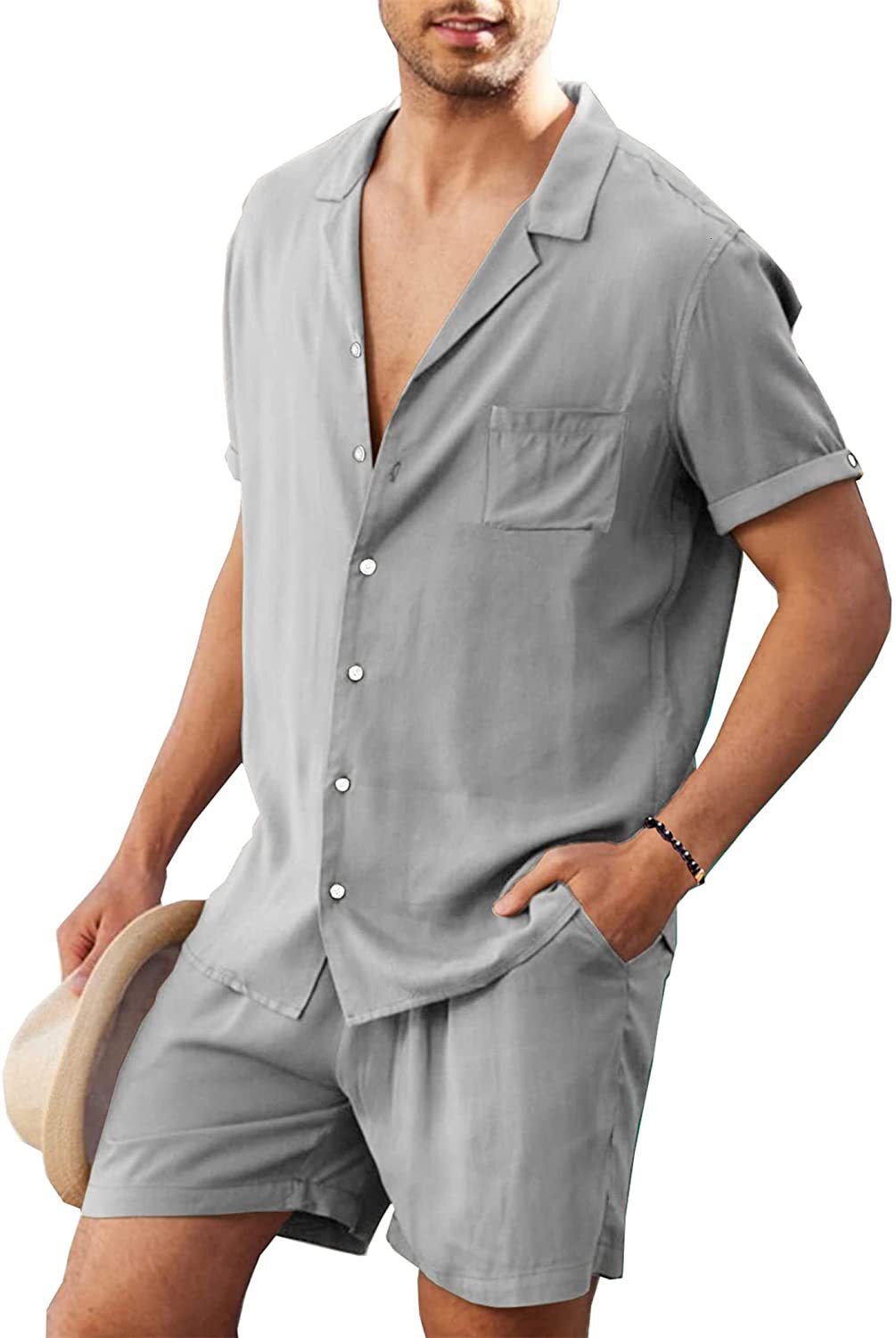 Men's Short Sleeved Set For Summer, Loose Fitting Designer, Casual Cotton And Linen Shirt, Fashionable Short Sleeved