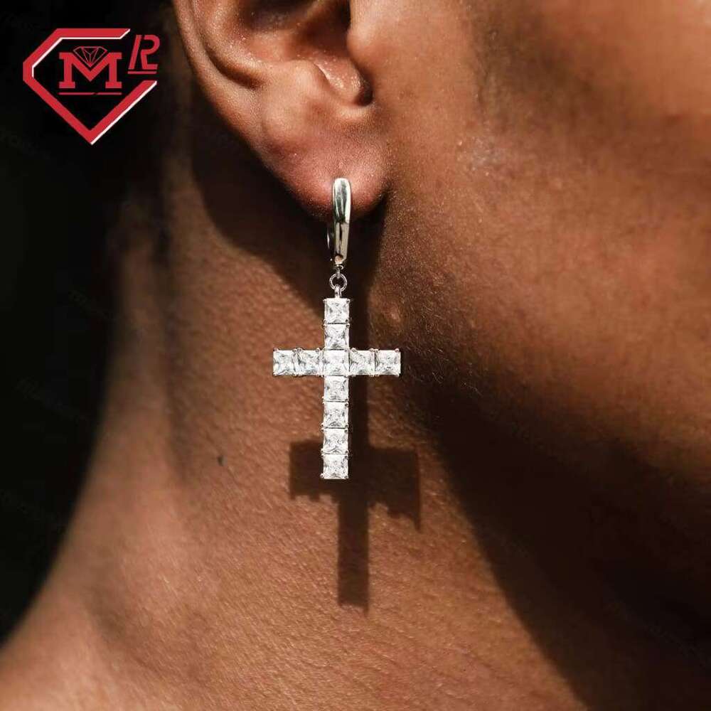 Hip Hop Cross Asscher Cut Fully Iced VVS Silicone Men's Earrings
