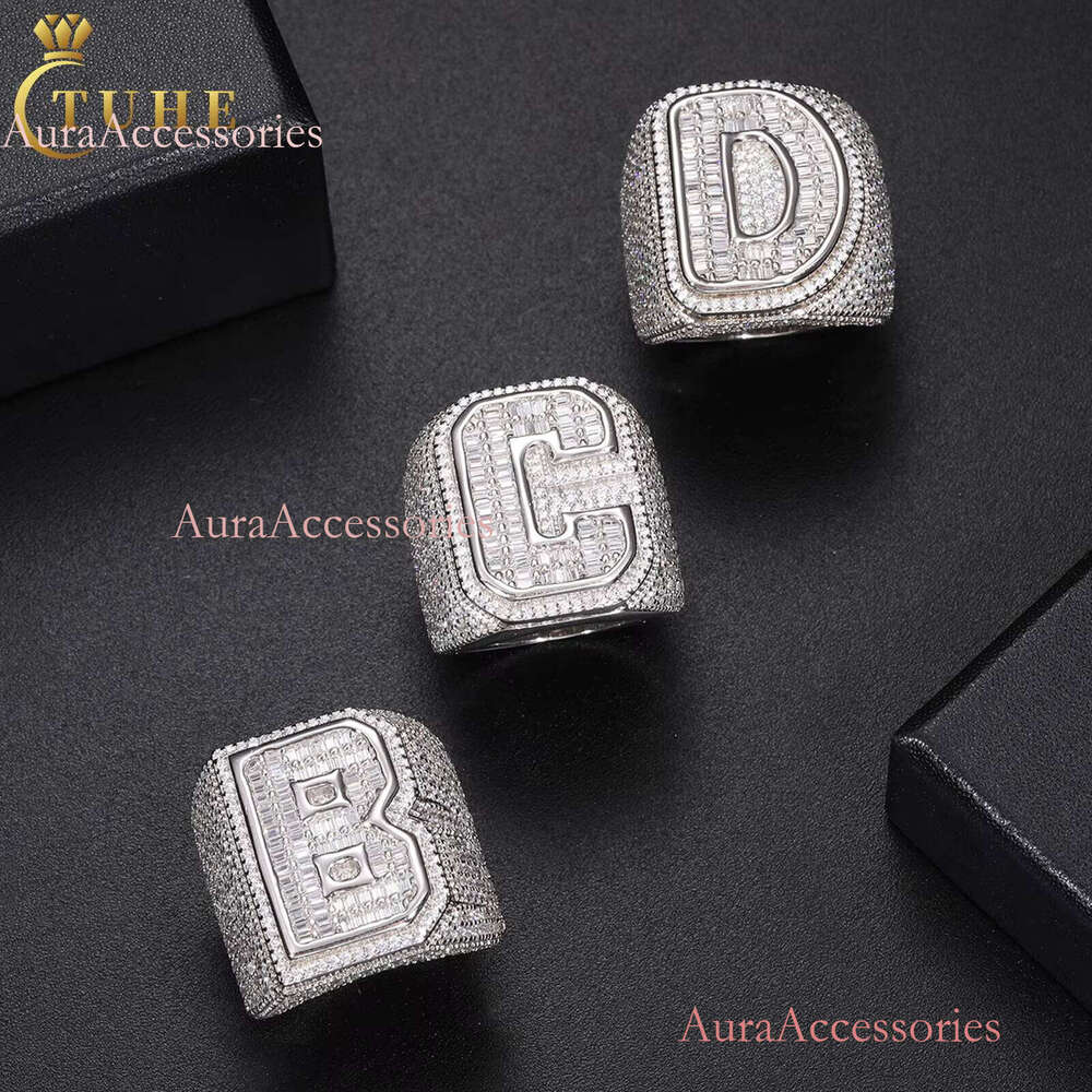 D VVS Moissnite Baguette Custom Ring Initials A-Z 26 Letters Rings for Women Men Couple Alphabet Name Iced Out Hip Hop Jewelry