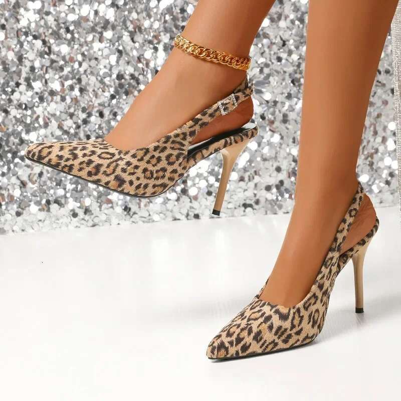 Leopard Print Shoes 2025 Summer New Item with Exposed Heel and Mixed Strap High Heels Pointed Women's Sandals