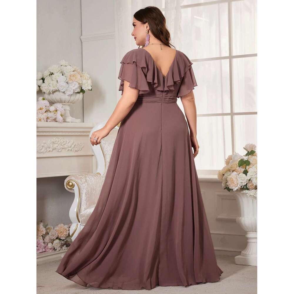 Unithorse Plus Size Women's Bust Ruched Tierred Short Sleeve Elegant Chiffon Dress