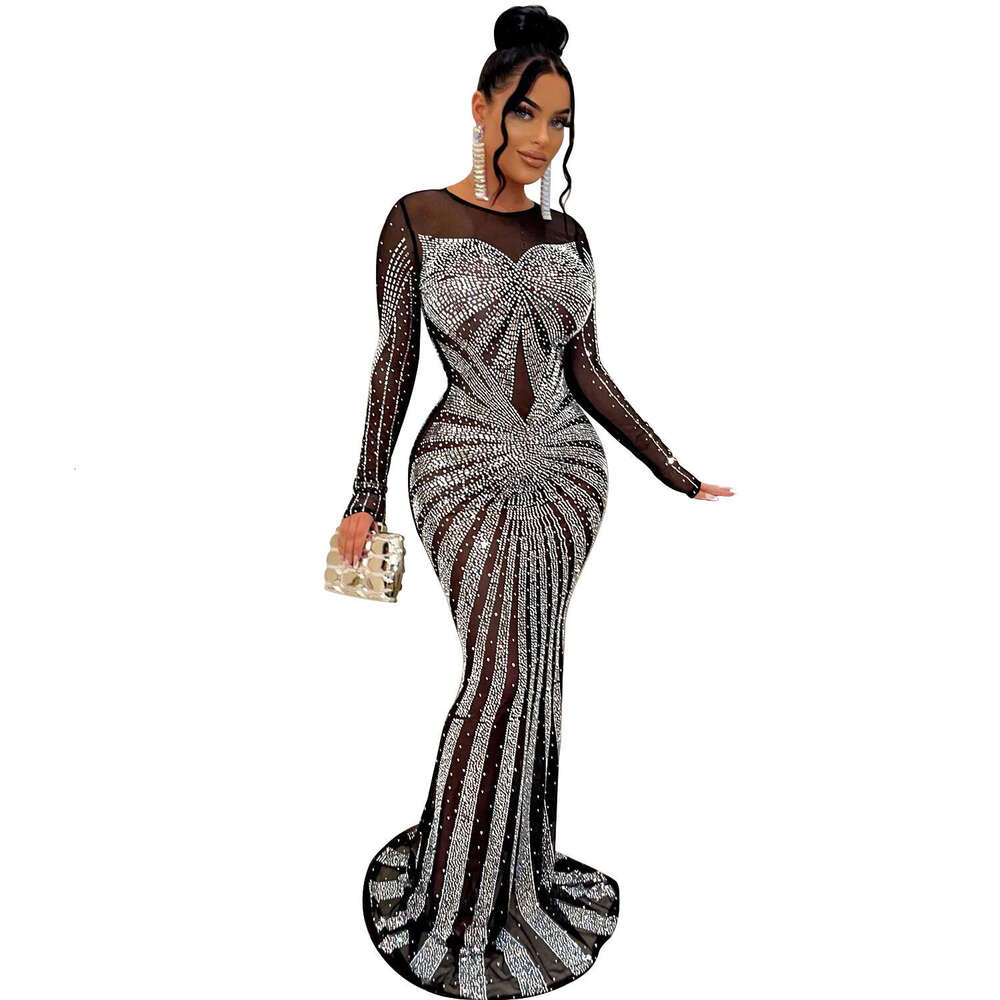 White Dress Maxi Dress C6198 Fashion Women's Solid Color Mesh Perspective Diamond Long Sleeve Dress KQ