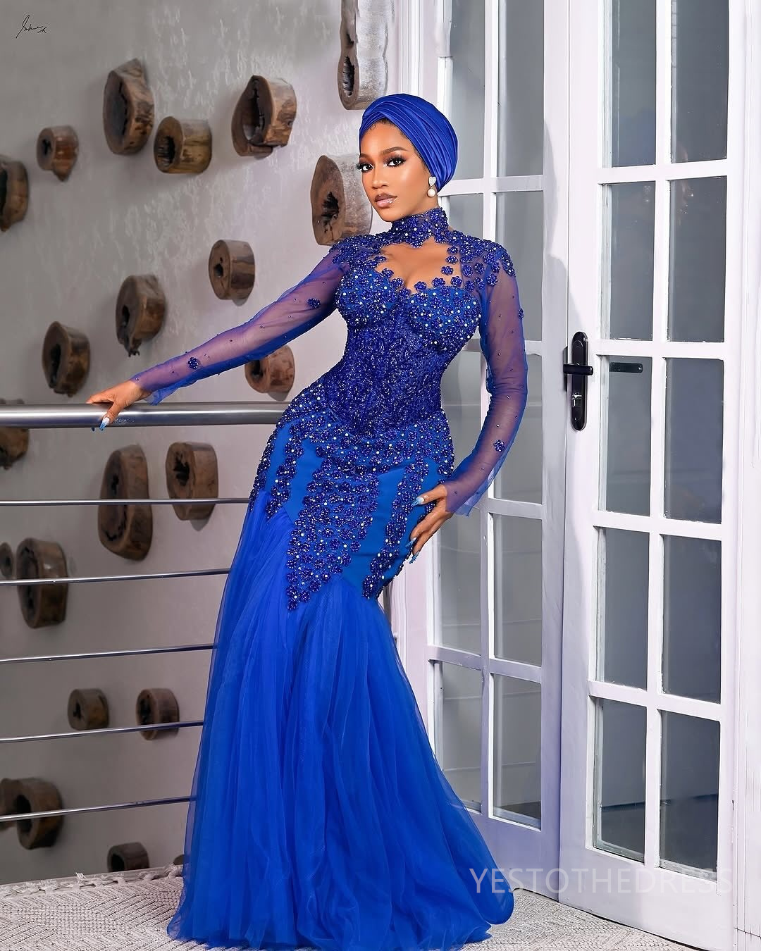 2025 Royal Blue Aso Ebi Prom Dress Mermaid Prom Dresses Evening Formal Gowns High Neck Appliqued Lace Birthday Dress Second Reception Gowns For Black 