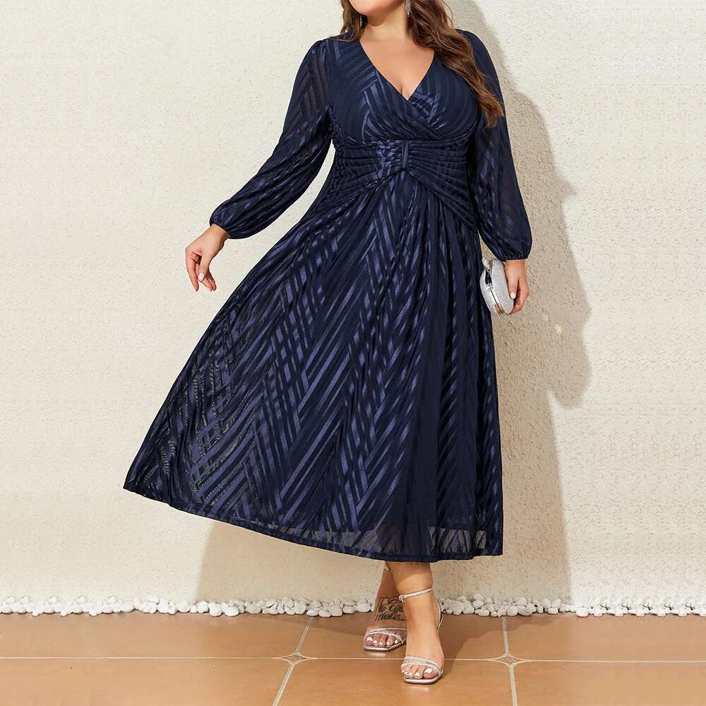 Women Plus Size 1XL-6XL Lantern Long Sleeved Autumn Winter Elegant Party Night Dress Solid Fashion V Neck Formal Evening Dresses