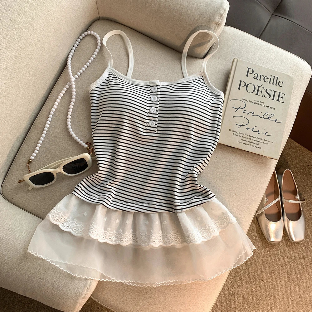 Summer Womens Korea Style Black White Strips Tank Top with Lace Hem Female Sweet Square Neck Spaghetti Straps Cami 250515