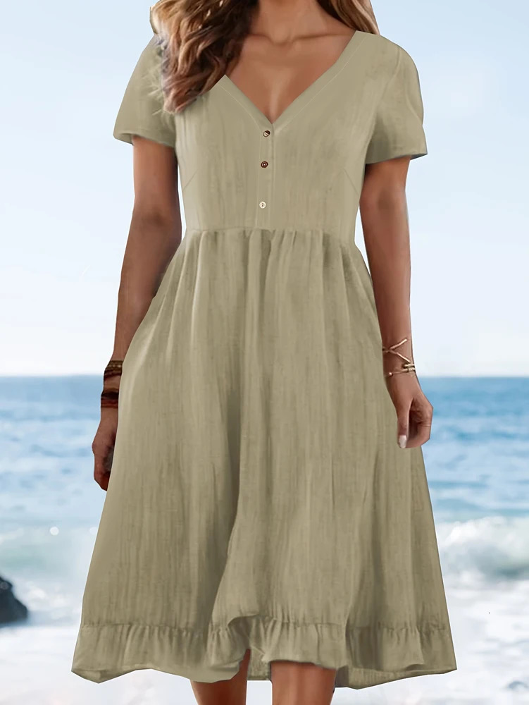 Plus Size Womens Summer Classic Plain Button Casual Dress Elegant knee-length A-line V-neck short-sleeved beach dress 250515
