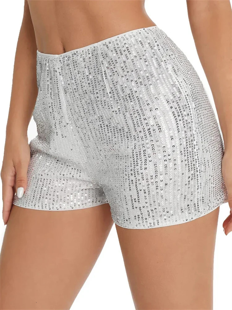 Women Sequin Shorts Elastic High Waist Sparkly Glitter Straight Short Pants Sexy Club Pants Summer Streetwear 250514