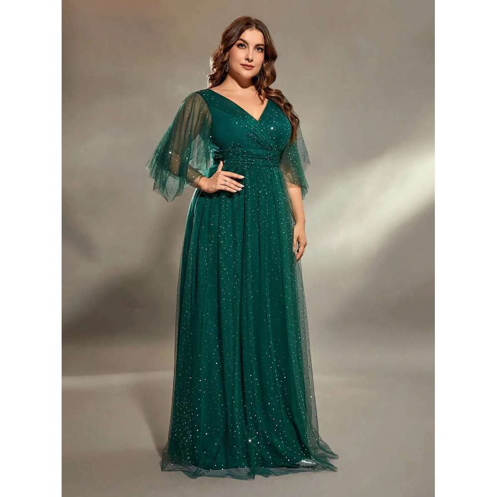 Mgiacy plus size V-neck cross chest pleats irregular long sleeve fillet netting A full skirt Evening gown Ball Party dress