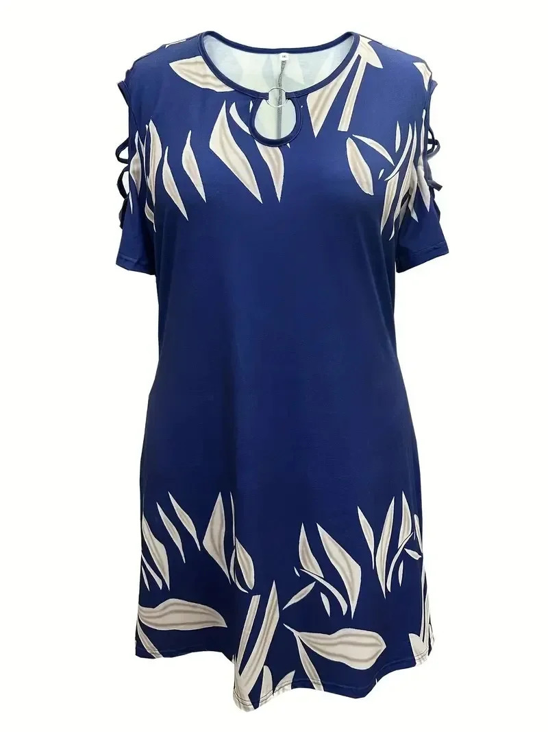 Plus Size 1XL-5XL Women Fashion Off The Shoulder Printed Short Sleeve Dress Ladies Elegant Knee Length Dress 250509