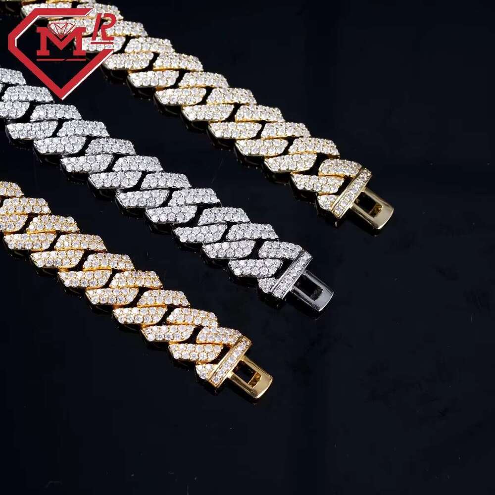 Hip hop Sier 12mm Two Rows Pin Set Vvs Silica Iced Miami Cuban Chain