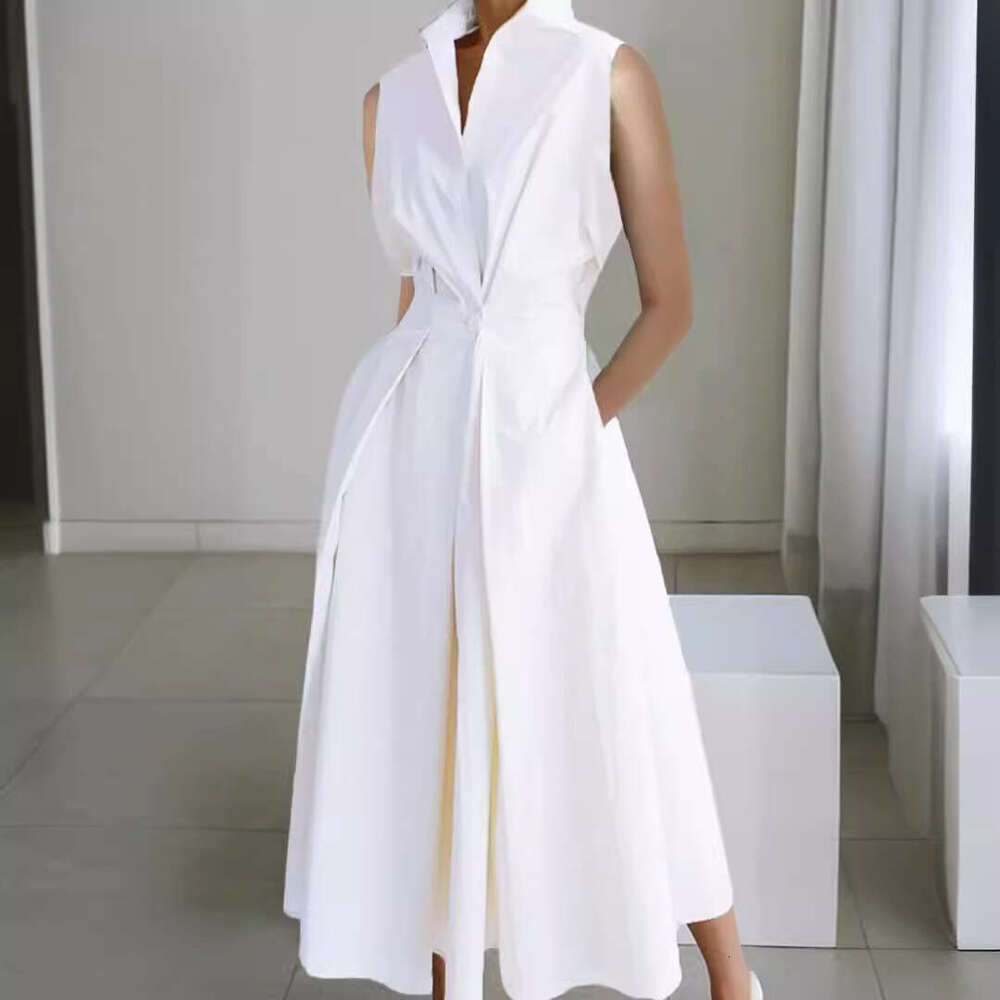 White Dress Maxi Dress 2024 Summer New Commuter Fashion Solid Color V-Neck Women's Button Large Hem Dress KQ