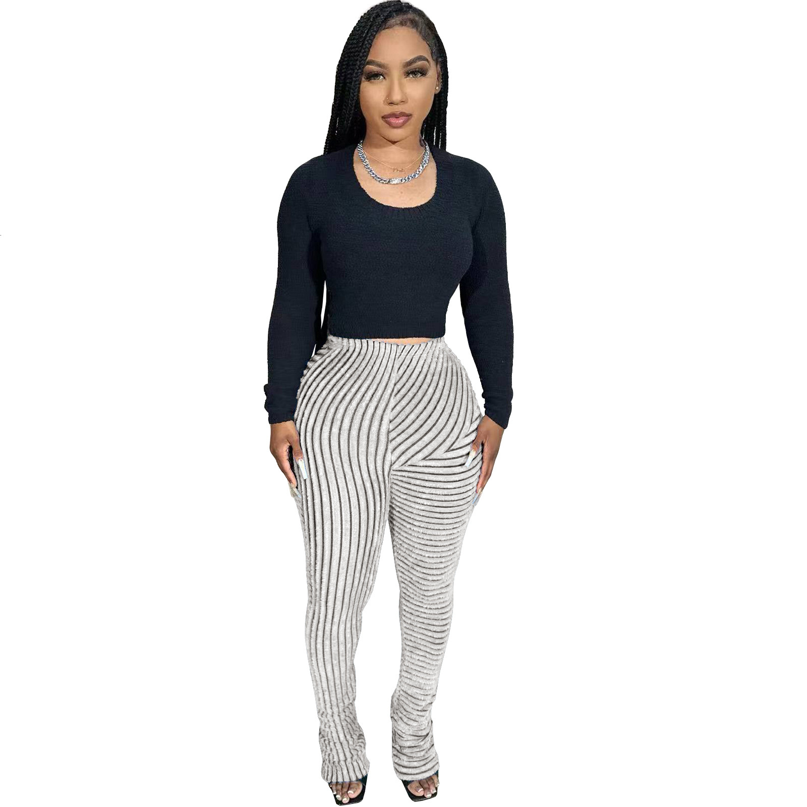 HR23101 Womens Fur Texture Breathable Large Elastic Fashion Casual Versatile Slim Fit Stacked Pants