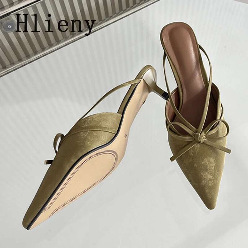 Hlieny Fashion Design Butterfly-Knot Pointed Toe Low Thin Heels Mules Slippers Women Pumps Shallow Slingback Sandal Female Shoes
