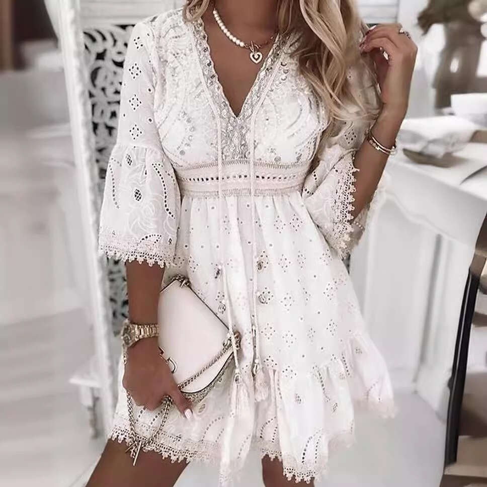 White Dress Maxi Dress Women's Clothing New Hot Selling V-Neck White Hollow Tassel Embroidered Dress KQ