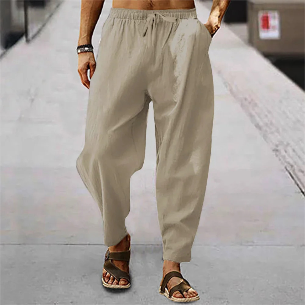 Summer Mens Breathable Pants Cotton and Linen Male Solid Color Versatile BasicTrousers Loose Fitness Causal Plus Size 250515