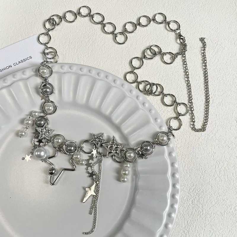 New Korean Shiny Rhinestone Star Pentagram Waist Chain for Women Bling Crystal Pearl Chain Tassel Belt Body Chian Y2K Jewelry Y250515