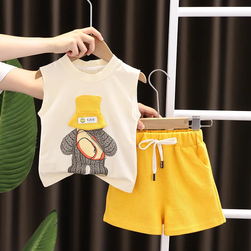 Korean Children Summer Sets Girl Boy Sleeveless Vest Shorts Suit Child Clothing Fashion Outfits Kids Costume 250515