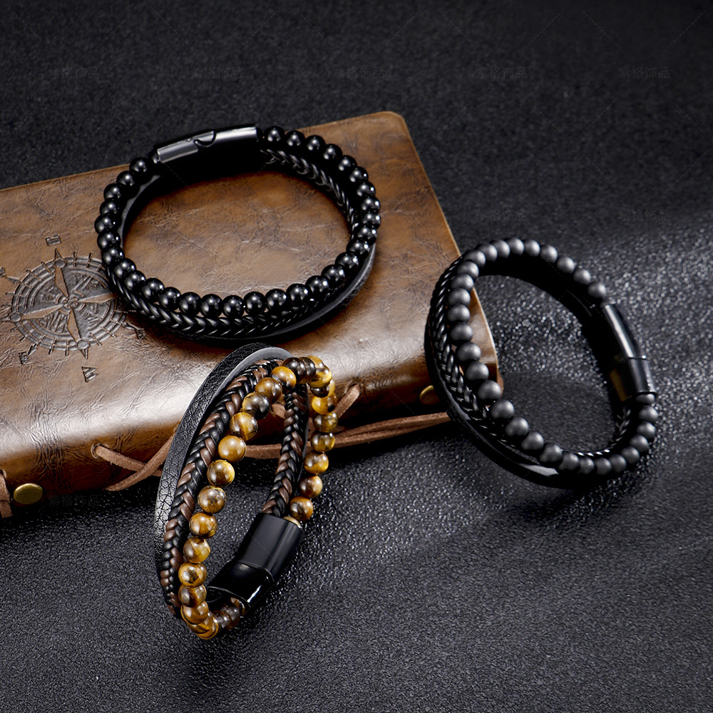 Handcrafted Men's Beaded Bracelet with Natural Tiger Eye Stones & Stainless Steel Cross - Leather & Alloy Material for Stylish Fashion Accessorie