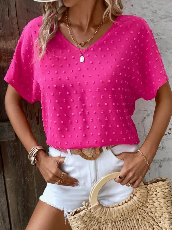 Womens Casual Swiss Dot Ruffle Sleeve Keyhole Back Blouse Breathable SemiSheer Round Neck Top Machine Washable Spring Sum 250515