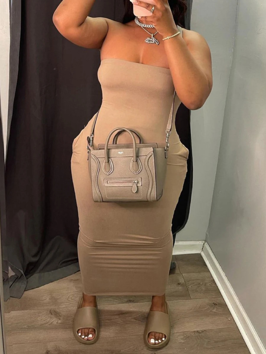 LW Plus Size Off The Shoulder Pocket Dress Summer Strapless Ruched Strapless Ankle Length Dresses Without Bag 250515