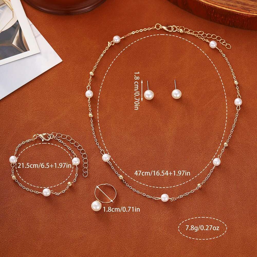 5Pcs/Set Women's Personalized, Simple, Gorgeous Faux Pearl Bracelets And Necklaces, Elegant Beaded Earrings Chic Jewelry Set For
