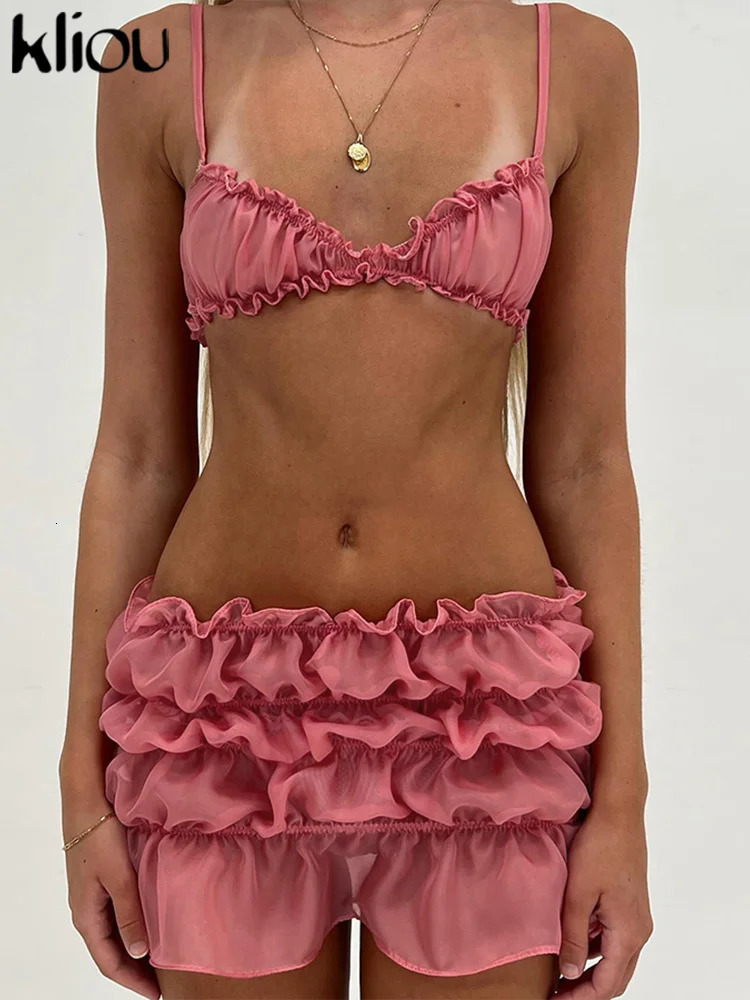 kliou Pleated Summer Two Piece Set Women Concise Solid Elastic Suspendecy CamisoleHigh Waist Skirts Female Holiday Beach Suits 250515