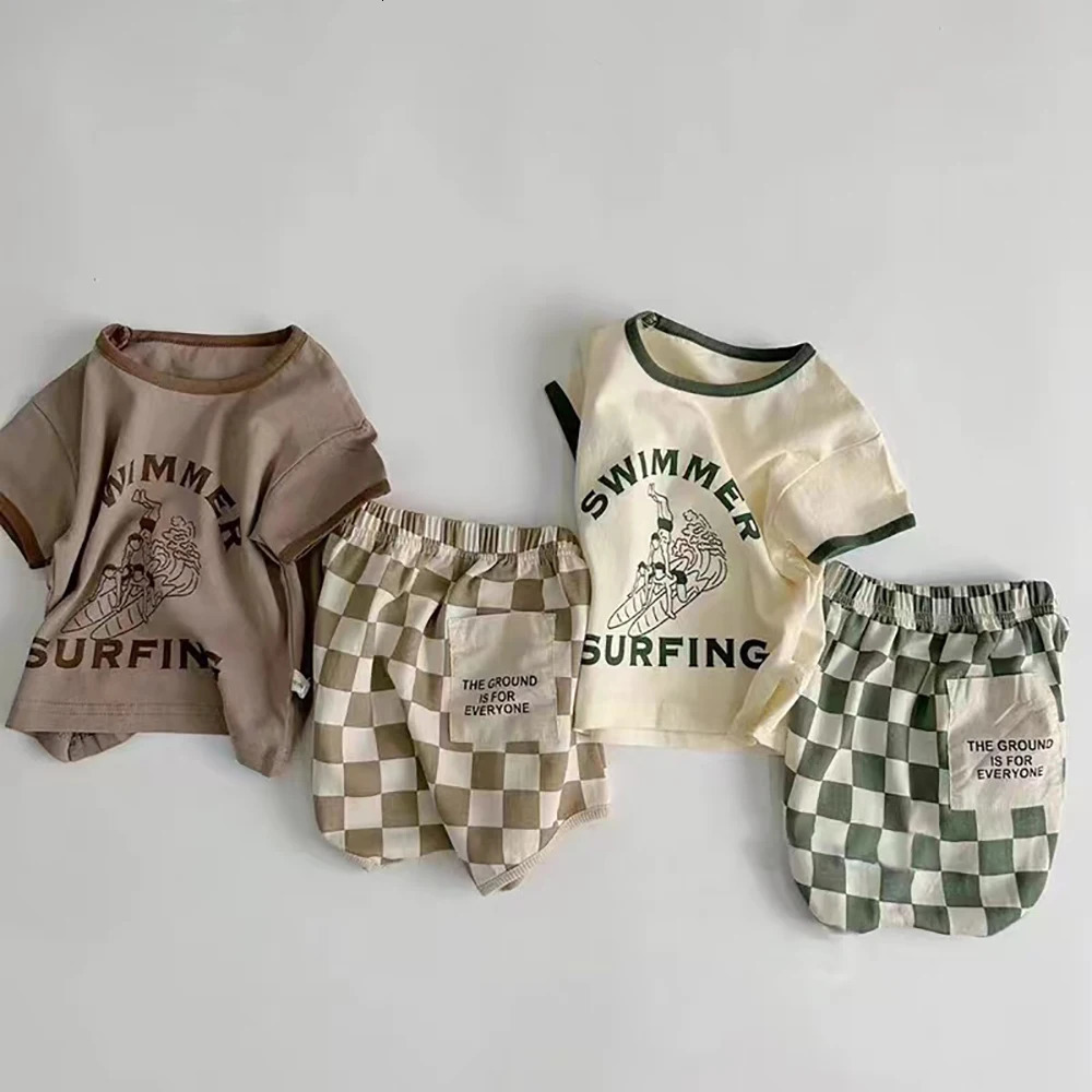 Summer suit American baby suit TZ230137 short sleeve plaid shorts thin baby two-piece suit 250515