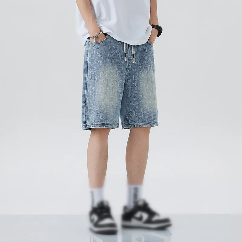Korean Style Vintage Mens Jeans Summer Loose Male Wide Leg Knee Length Shorts Washed Fashion Short Denim Pants 250515