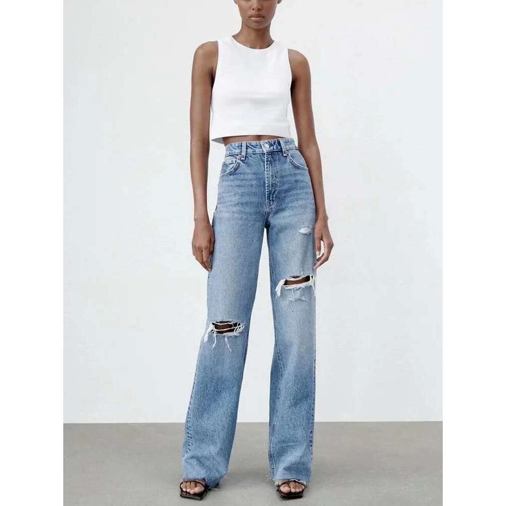 TRAF Women's Loose Hole Decoration High-Waisted Jeans Fashion Versatile Wide-Legged Trousers Elegant Fashion Women's Clothing Designer